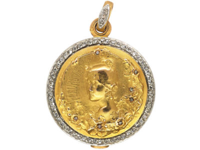 French 18ct Gold & Rose Diamond Art Nouveau Locket of a Lady by L Janvier