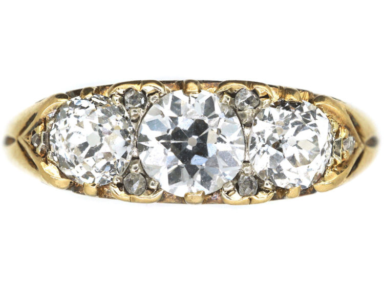 Victorian 18ct Gold, Three Stone Carved Half Hoop Diamond Ring