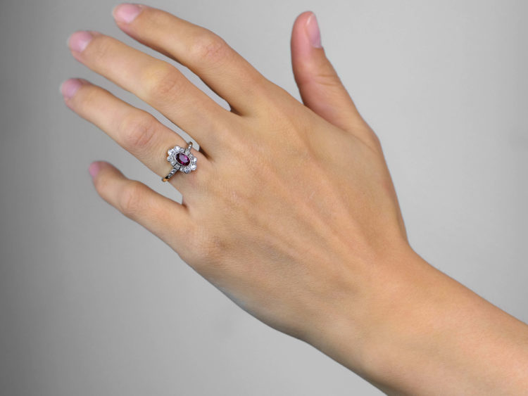 Edwardian 18ct Gold & Platinum, Ruby & Diamond Oval Cluster Ring with Diamond Set Shoulders