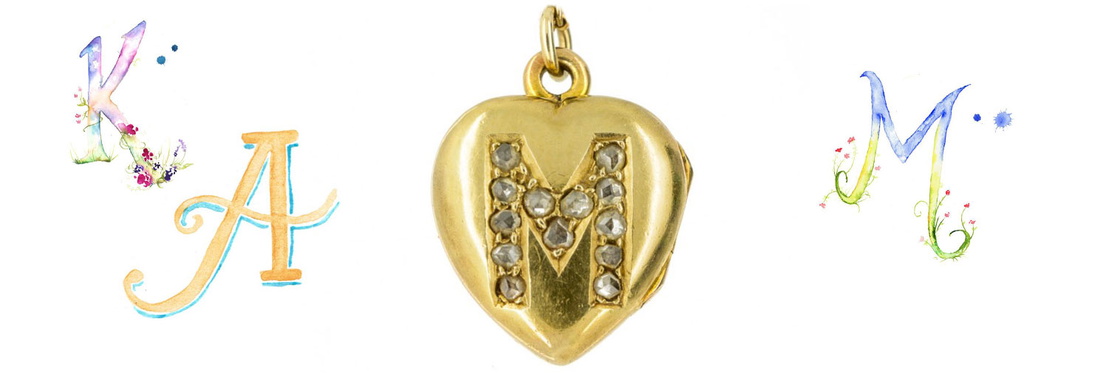 18ct Gold Edwardian Heart Locket set with the Letter M in Diamonds on a Gold Chain