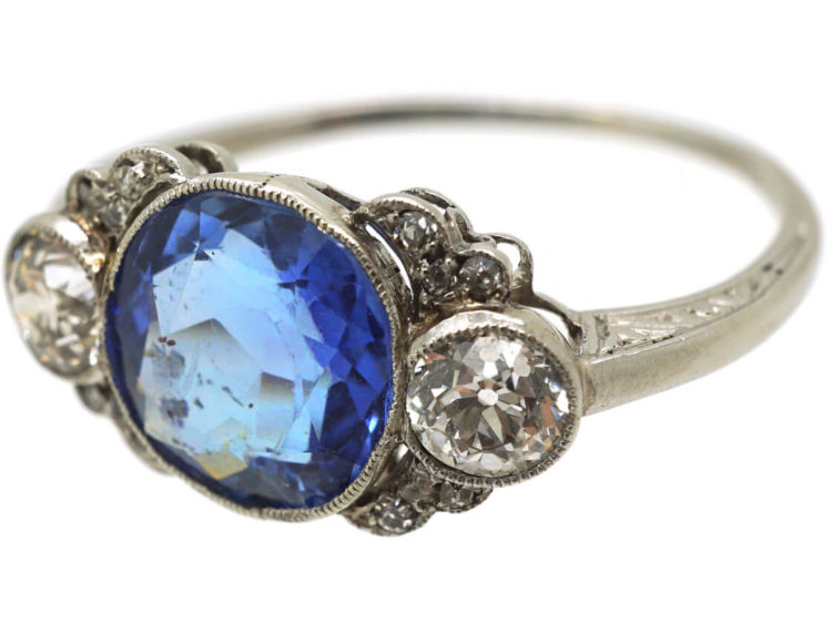 Art Deco Platinum, Ceylon Sapphire & Diamond Ring