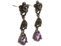 Silver, Amethyst & Marcasite Flower Drop Earrings