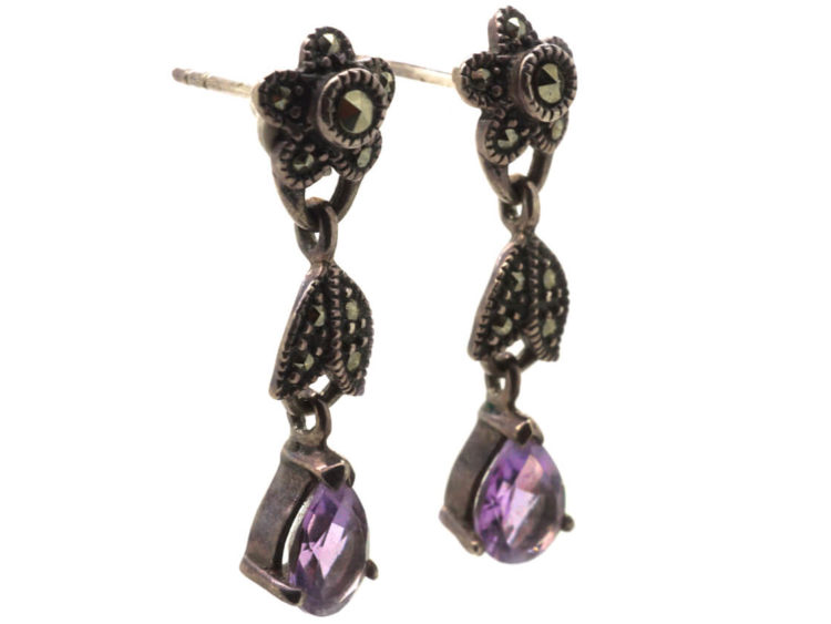 Silver, Amethyst & Marcasite Flower Drop Earrings