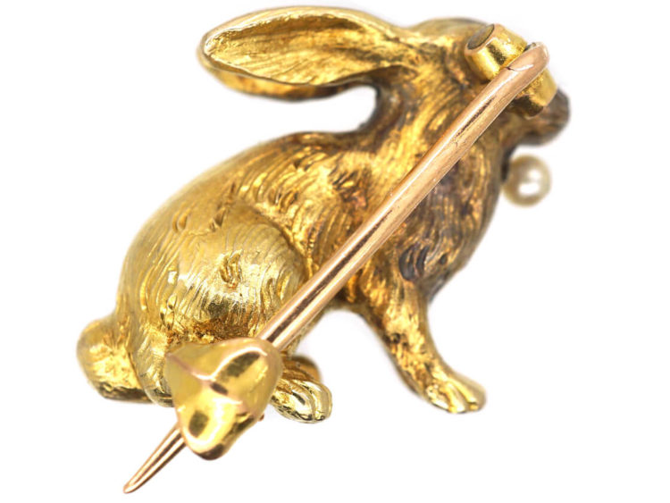 Edwardian 18ct Gold Rabbit Brooch with Rose Diamond & Pearl Collar & Ruby Eye