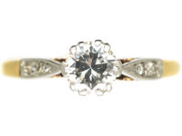 Art Deco 18ct Gold & Platinum, Diamond Solitaire Ring with Diamond Set Shoulders