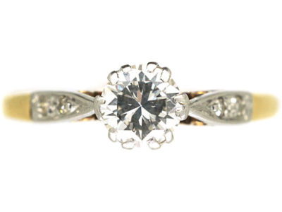 Art Deco 18ct Gold & Platinum, Diamond Solitaire Ring with Diamond Set Shoulders