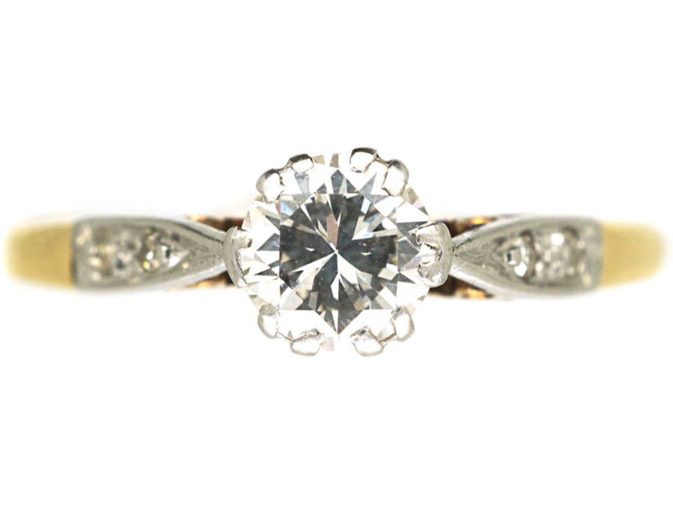 Art Deco 18ct Gold & Platinum, Diamond Solitaire Ring with Diamond Set Shoulders