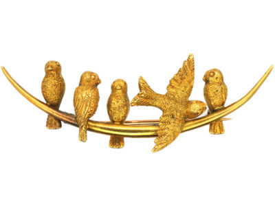 Edwardian 15ct Gold Swallows on a Crescent Moon Brooch