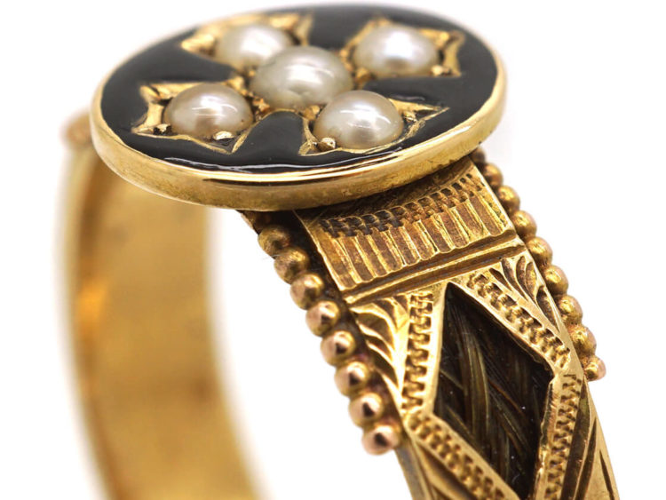 Victorian 18ct Gold Mourning Ring with Natural Split Pearl Cross