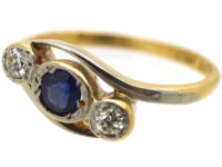 Edwardian 18ct Gold & Platinum, Sapphire & Diamond Crossover Ring