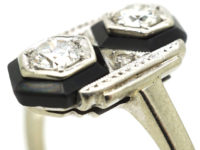 Art Deco 14ct White Gold, Onyx & Diamond Geometric Ring