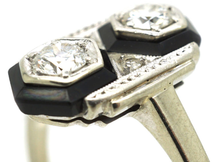 Art Deco 14ct White Gold, Onyx & Diamond Geometric Ring