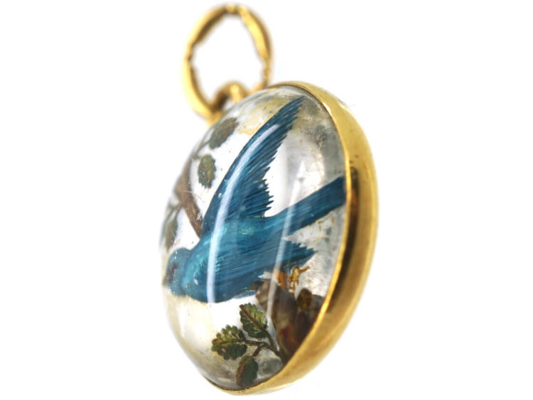 Edwardian 18ct Gold Reverse Intaglio Rock Crystal Pendant of a Bluebird