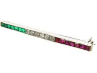 Art Deco 18ct White Gold, Emerald, Diamond & Ruby Bar Brooch