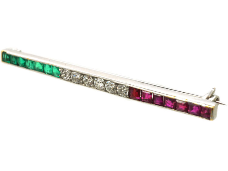 Art Deco 18ct White Gold, Emerald, Diamond & Ruby Bar Brooch