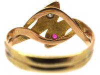 Edwardian 14ct Gold Double Snake Ring set with a Ruby & Diamond