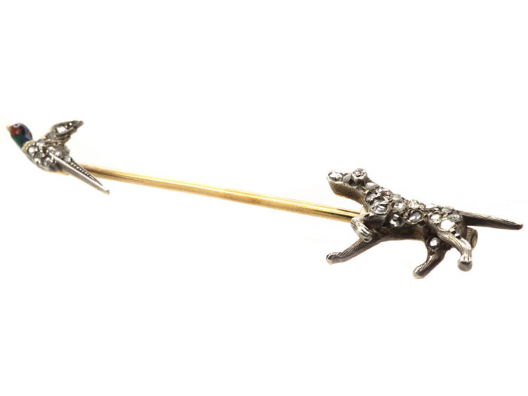 Edwardian Rose Diamond, Ruby & Enamel Labrador & Pheasant Surete Brooch
