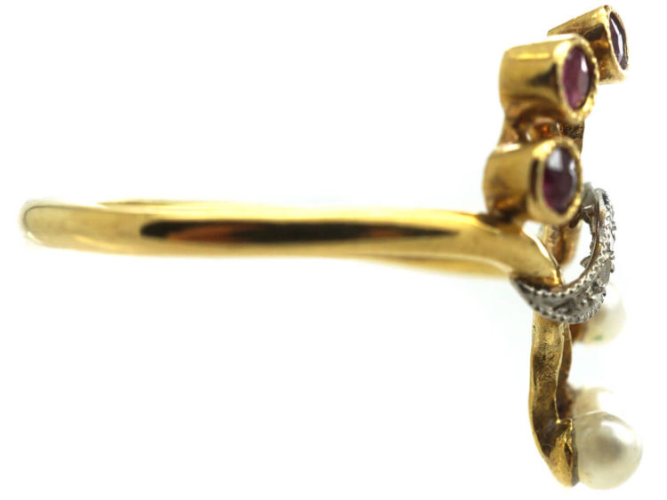 French Art Nouveau 18ct Gold, Ruby, Rose Diamond & Natural Pearl Ring