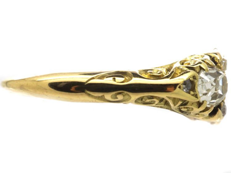 Victorian 18ct Gold Emerald & Diamond Three Stone Carved Half Hoop Ring