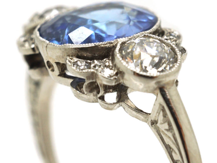 Art Deco Platinum, Ceylon Sapphire & Diamond Ring