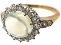 Edwardian 18ct Gold, Cabochon Moonstone & Diamond Cluster Ring with Diamond Set Shoulders