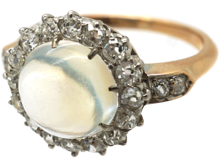 Edwardian 18ct Gold, Cabochon Moonstone & Diamond Cluster Ring with Diamond Set Shoulders
