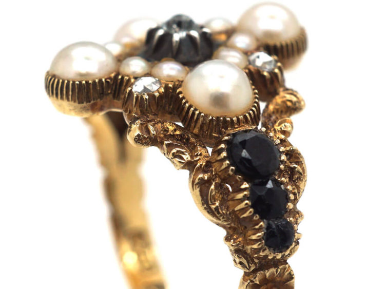 Georgian 18ct Gold, Diamond, Natural Split Pearl & Vauxhall Glass Ring