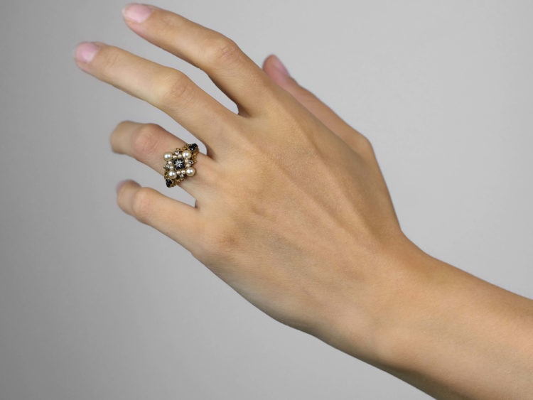 Georgian 18ct Gold, Diamond, Natural Split Pearl & Vauxhall Glass Ring