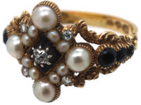 Georgian 18ct Gold, Diamond, Natural Split Pearl & Vauxhall Glass Ring