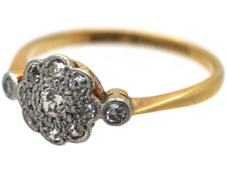 Edwardian 18ct Gold & Platinum Diamond Cluster Ring with Diamond Set Shoulders