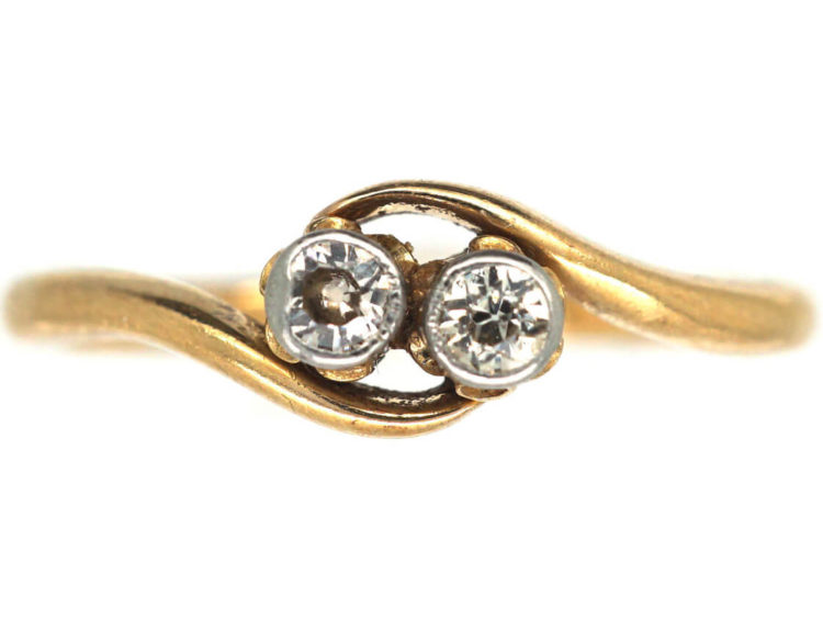 Edwardian 18ct Gold & Platinum Two Stone Diamond Twist Ring