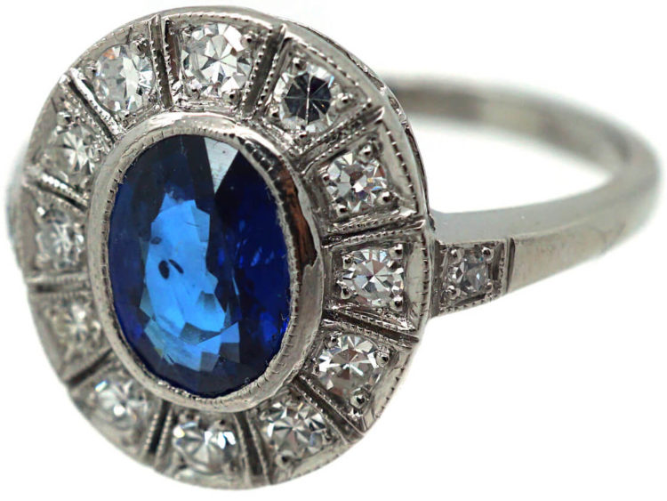Art Deco Platinum, Sapphire & Diamond Oval Cluster Ring