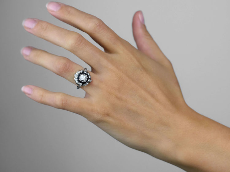 Art Deco Platinum, Diamond & Vulcanite Ring
