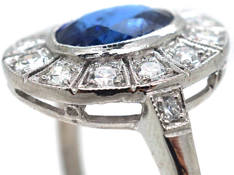 Art Deco Platinum, Sapphire & Diamond Oval Cluster Ring