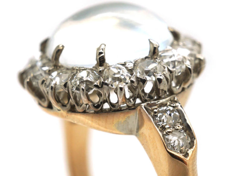Edwardian 18ct Gold, Cabochon Moonstone & Diamond Cluster Ring with Diamond Set Shoulders