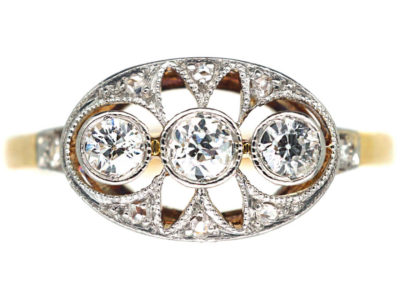 Art Deco 14ct Gold & Platinum Pierced Design Three Stone Diamond Ring