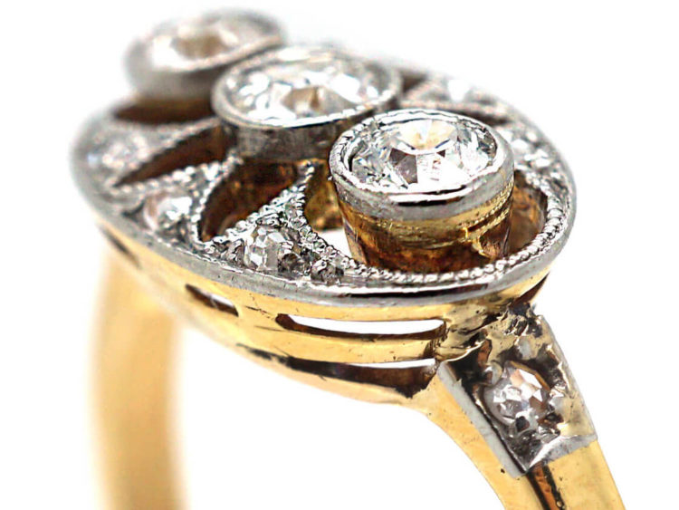Art Deco 14ct Gold & Platinum Pierced Design Three Stone Diamond Ring