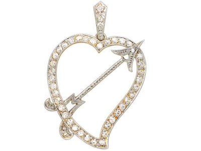 Edwardian 18ct Gold & Platinum & Diamond Heart & Arrow Pendant