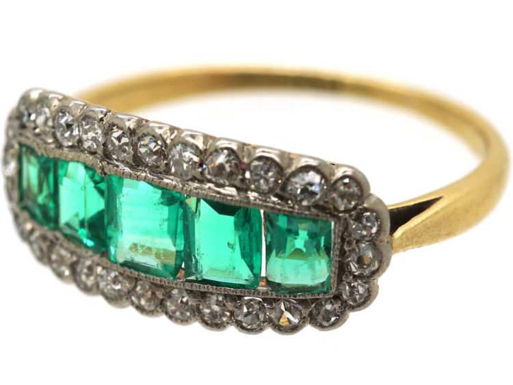 Edwardian 18ct Gold & Platinum Five Stone Emerald & Diamond Ring