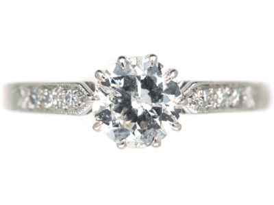Art Deco Platinum Diamond Solitaire Ring with Diamond Set Shoulders