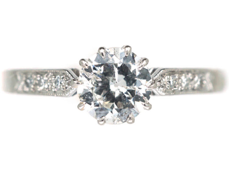 Art Deco Platinum Diamond Solitaire Ring with Diamond Set Shoulders