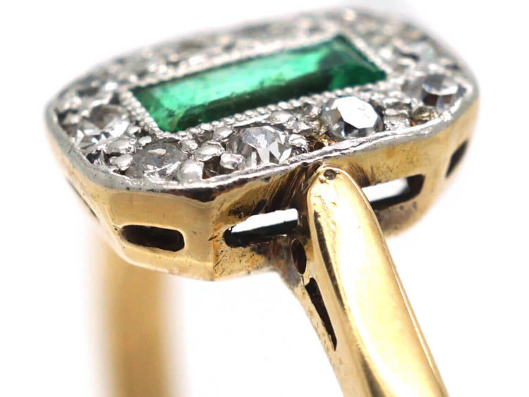 Art Deco 18ct Gold & Platinum Emerald & Diamond Rectangular Ring