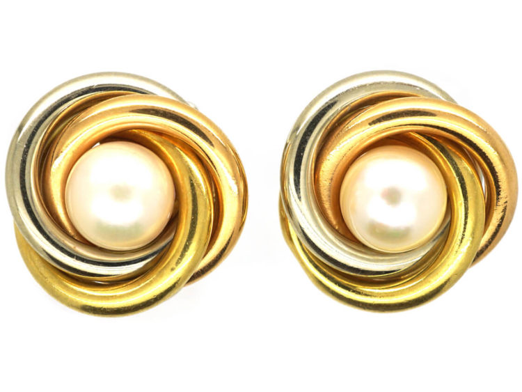 18ct Three Colour Gold & Cultured Pearl Earrings