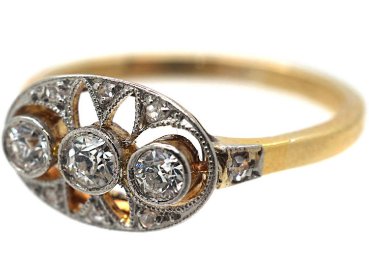 Art Deco 14ct Gold & Platinum Pierced Design Three Stone Diamond Ring