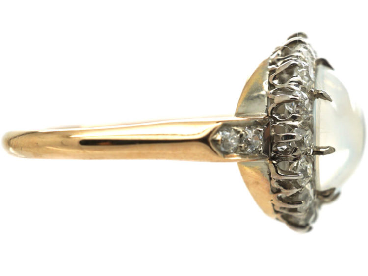 Edwardian 18ct Gold, Cabochon Moonstone & Diamond Cluster Ring with Diamond Set Shoulders