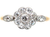 Edwardian 18ct Gold & Platinum Diamond Cluster Ring with Diamond Set Shoulders