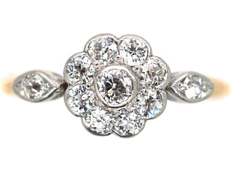 Edwardian 18ct Gold & Platinum Diamond Cluster Ring with Diamond Set Shoulders