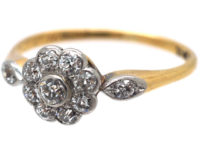 Edwardian 18ct Gold & Platinum Diamond Cluster Ring with Diamond Set Shoulders