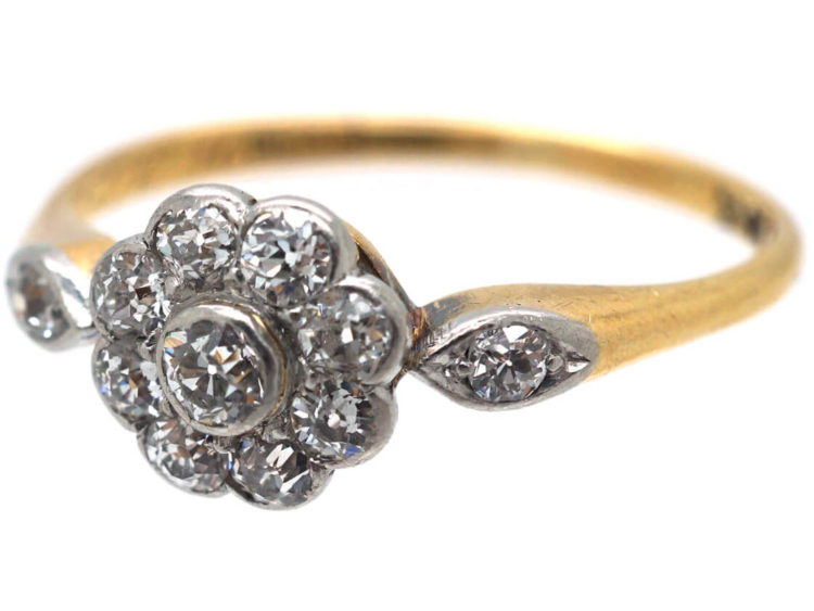 Edwardian 18ct Gold & Platinum Diamond Cluster Ring with Diamond Set Shoulders