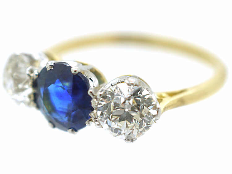 Art Deco 18ct Gold & Platinum, Diamond & Sapphire Three Stone Ring